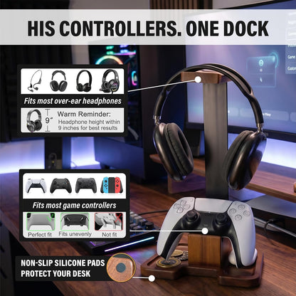 Gaming Equipment Headset Stand with Game Controller Holder & Storage Base, Stylish Gamer Gifts for Men Teenage Boy Headphone Stand, Unique Gifts for Gamers to Organize Gaming Accessories (Brown Wood)