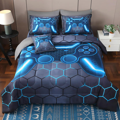 JQinHome Full Gamer Comforter Set,6 Piece Bed in A Bag 3D Video Game Bedding -All Season Down Alternative Gamer Bedding Sets - (Blue Game Controller)