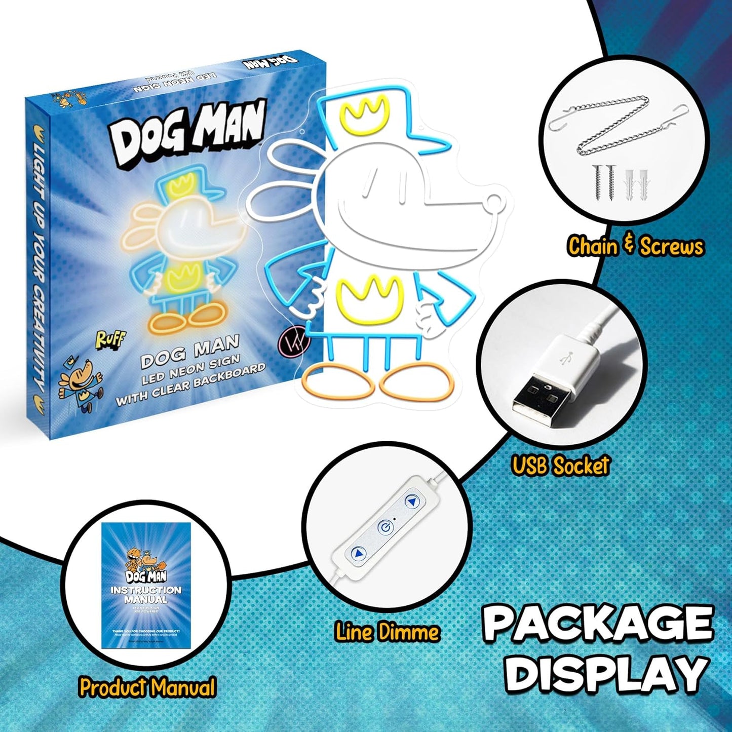 Officially Licensed Dog Man LED Neon Sign – Vibrant Kids’ Bedroom & Game Room Wall Decor, Safe Movie-Themed Gift for Fans Christmas/Birthday, 15x12.4 inches)