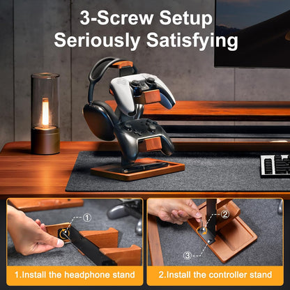Solid Wood Controller Holder and Headphone Stand, Controller Stand for Desk | Dual Gaming Controller Organizer Rack, Fits Xbox, PS4, PS5, Gamepad, Headset Holder for Son, Husband, Boyfriend