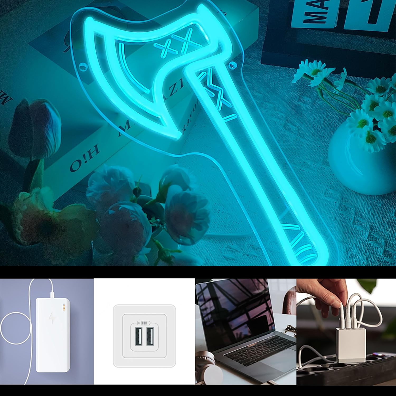 Ice Blue Battle Axe Neon Sign, Viking War Axe Neon Light LED Gaming Sign USB Powered, for Norse Mythology Battle Axe Light Game Room Bedroom Studio Fantasy Weapon Wall Decor(11.8 * 5.9 In)
