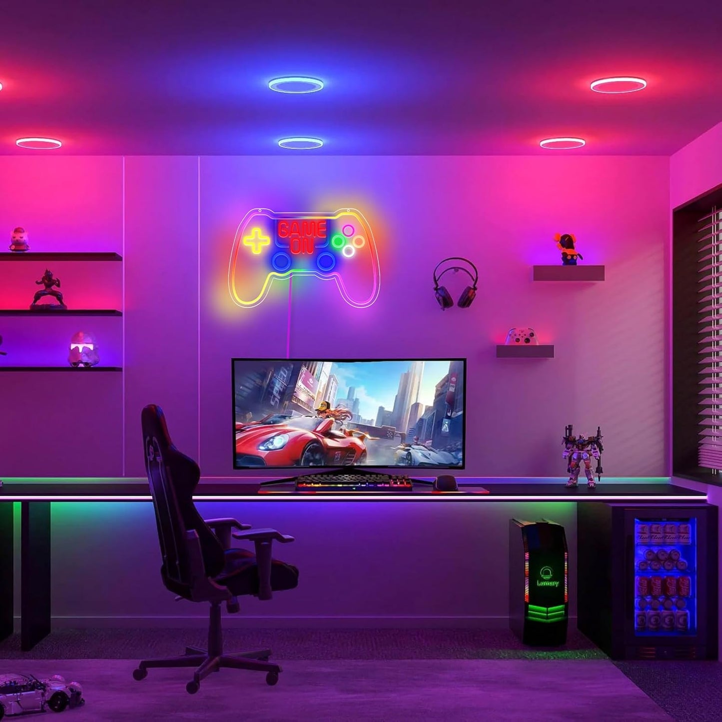 GGK RGB Game Controller Neon Sign Game On LED Light for Gaming Room Decor Gamer Gift USB Powered with Dimmer Gamer Light for Teen Boys Bedroom Decoration