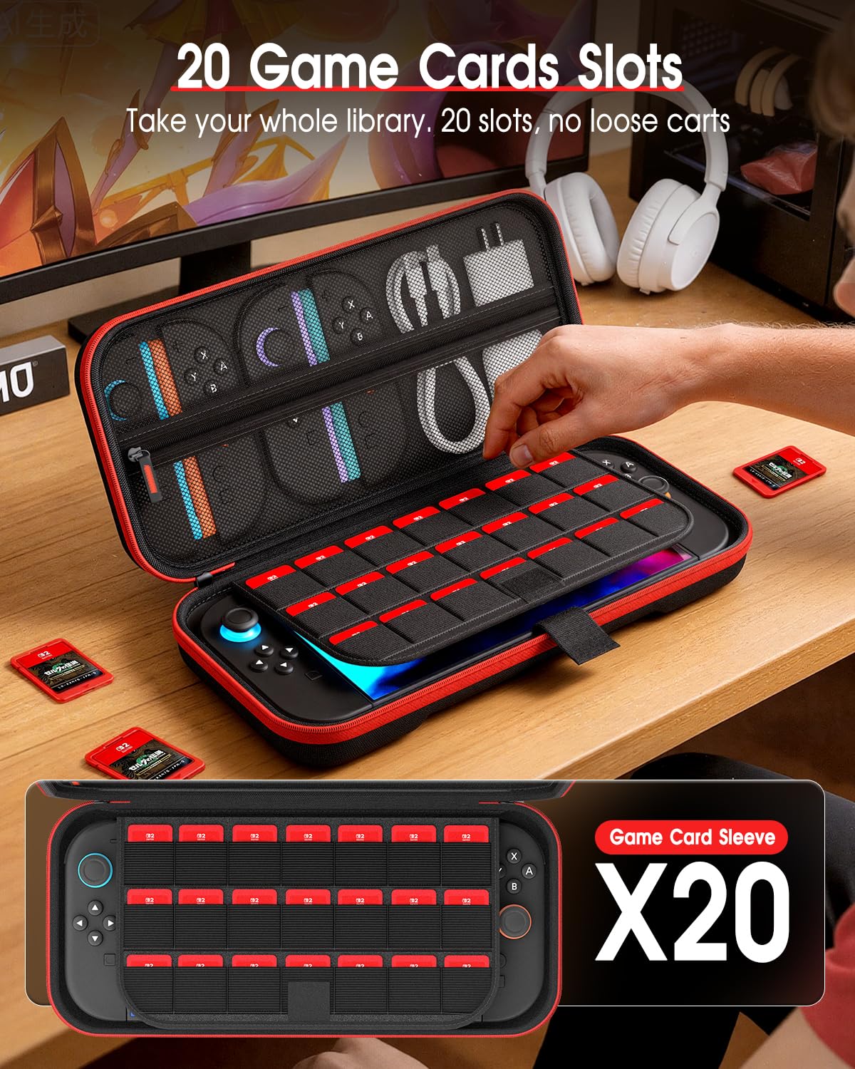 COOLSTONE Switch 2 Case with 20 Game Card Slots & Adjustable Shoulder Strap