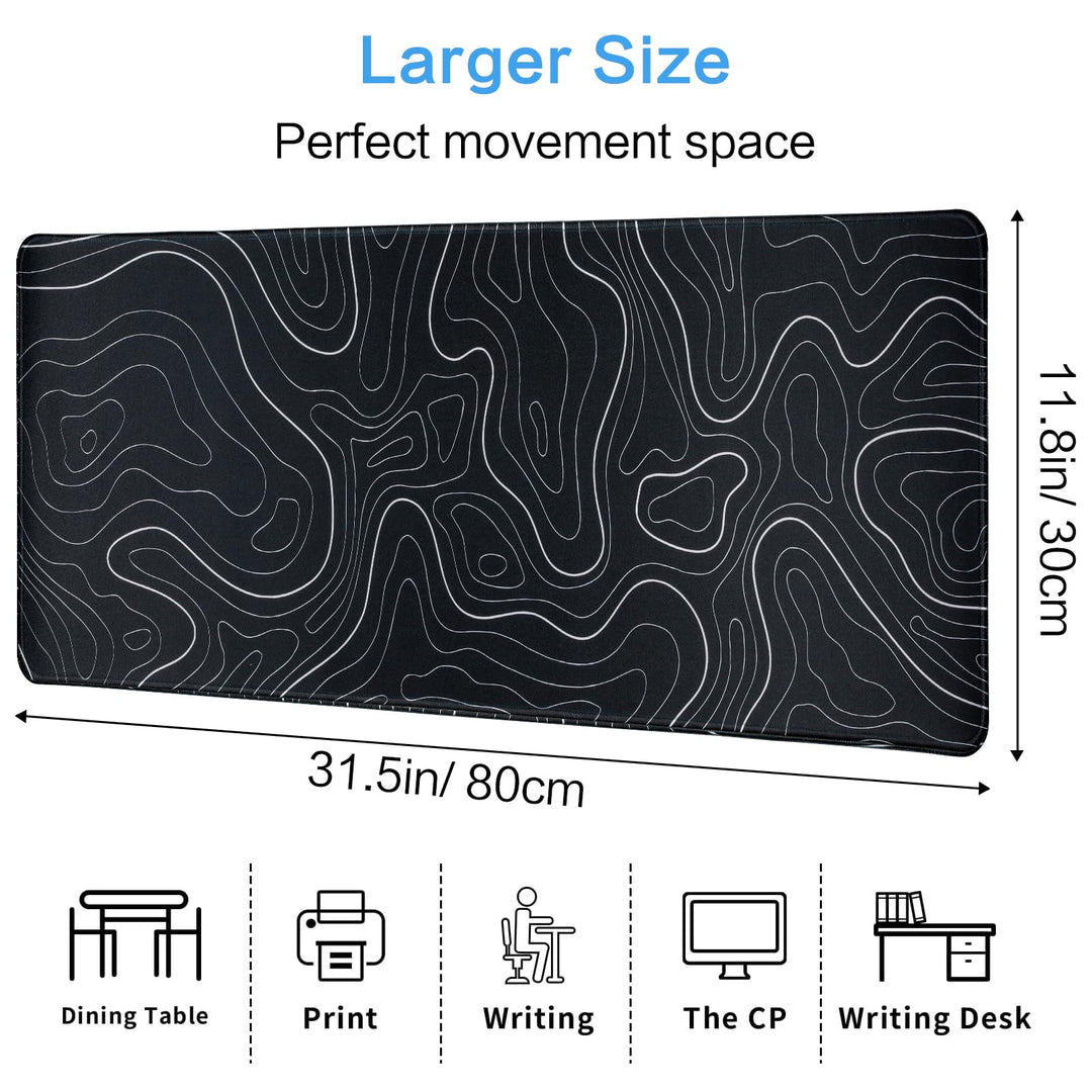 Gaming Mouse Pad Large 31.5 x 11.8in Topographic Keyboard Mousepad for Non-Slip Base and Stitched Edge, Extended Desk Pad XL Desk Mat (Black)