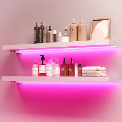 BAMEOS Floating Shelves with RGB LED, 31" Wall Mounted Wooden Shelves with Invisible Brackets, Set of 2, Hanging Wall Shelves for Bedroom, Bathroom, Living Room and Kitchen (Black)