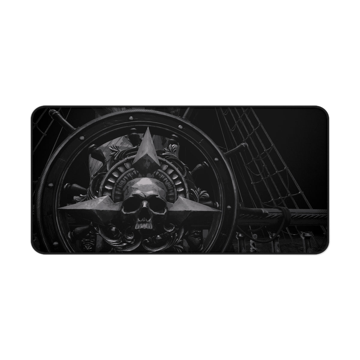 A rectangular black and white art print featuring a gothic industrial design with a skull, star, gears, and a ship wheel, shown against a plain white background.