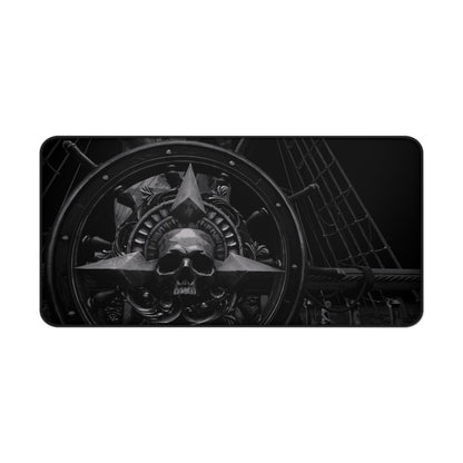 A rectangular black and white art print featuring a gothic industrial design with a skull, star, gears, and a ship wheel, shown against a plain white background.