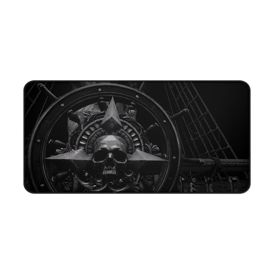 A rectangular black and white art print featuring a gothic industrial design with a skull, star, gears, and a ship wheel, shown against a plain white background.
