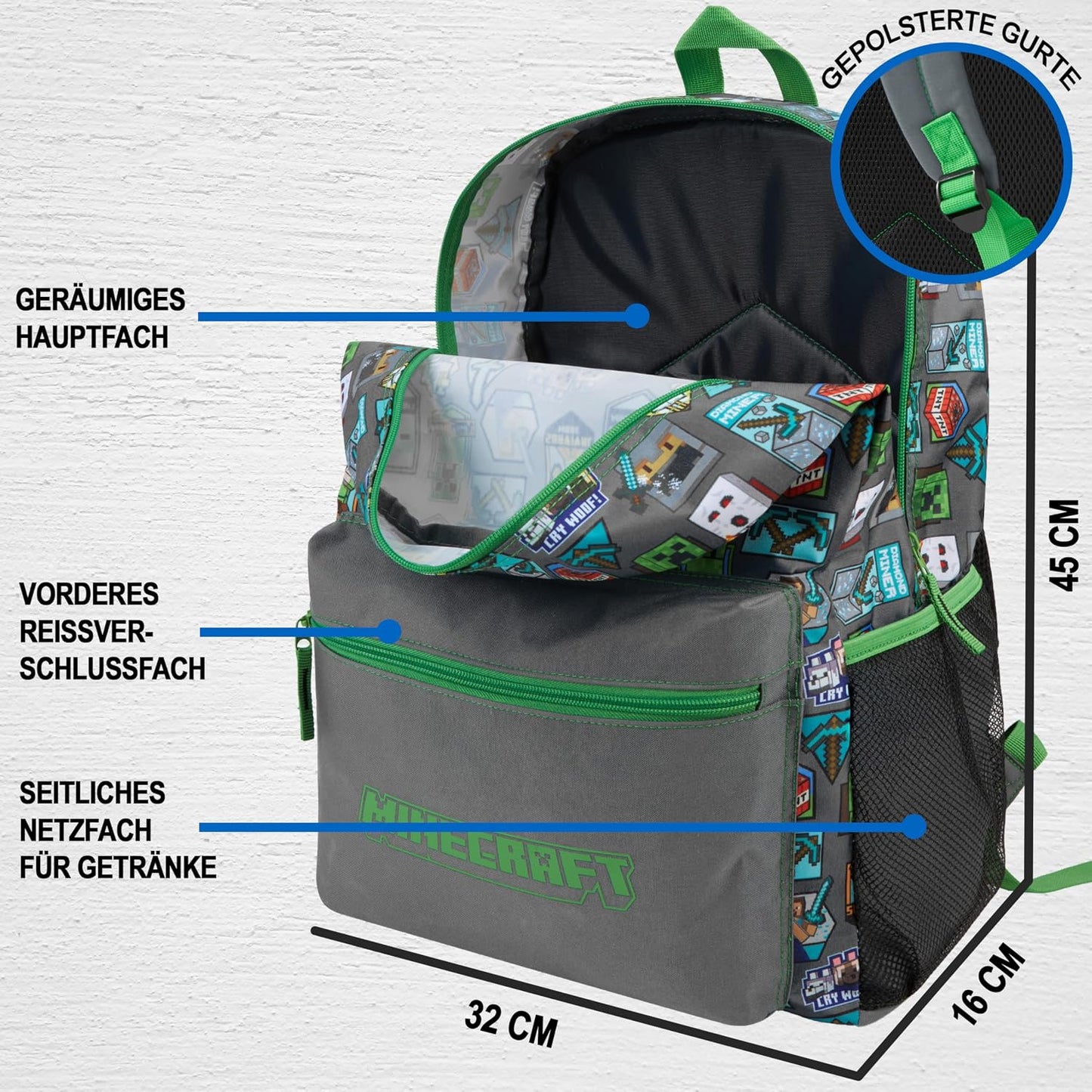 Get Trend Minecraft Kids Backpack, Boys Lightweight 17.7in Book Bag with Adjustable Padded Straps Travel School Bag, Creeper Gamer Gifts for Boys (Green/Grey Minecraft)