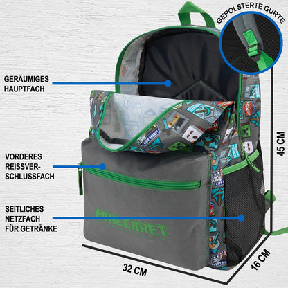 Get Trend Minecraft Kids Backpack, Boys Lightweight 17.7in Book Bag with Adjustable Padded Straps Travel School Bag, Creeper Gamer Gifts for Boys (Green/Grey Minecraft)