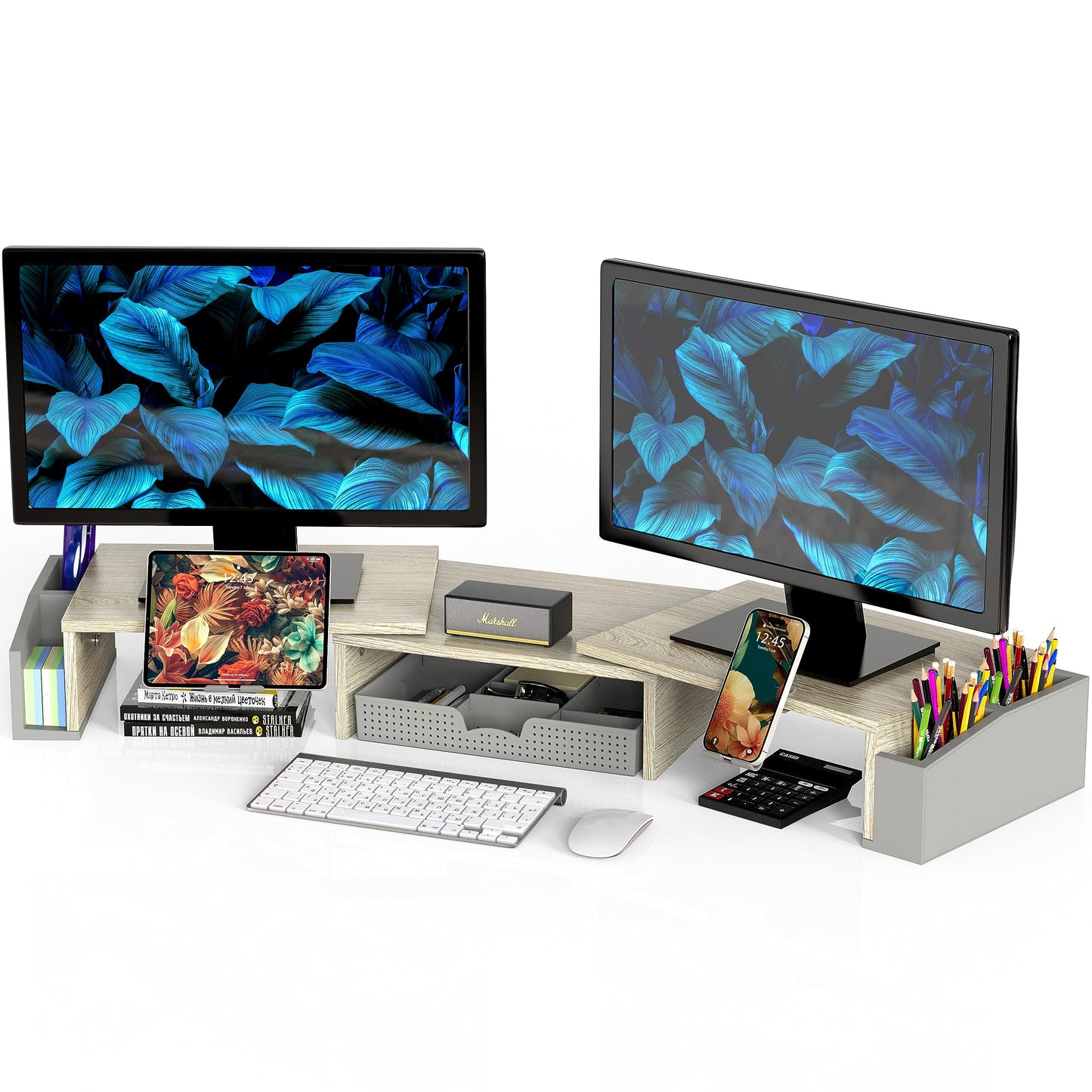 Simple Houseware Desk Dual Monitor Stand Riser with Drawer, Oak