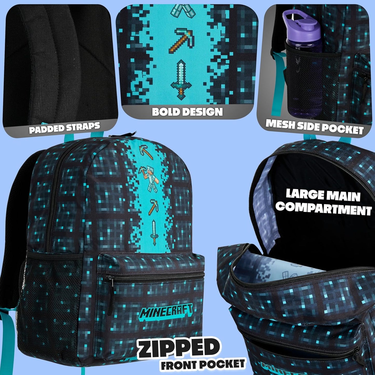 Minecraft Backpack for Boys Kids Teens Adjustable Straps Front Pocket Daypack Backpacks for Sports Gym School Gamer Gifts (Blue)