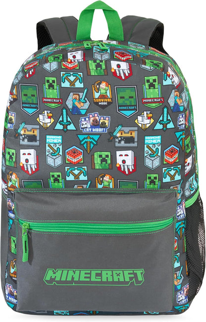 Get Trend Minecraft Kids Backpack, Boys Lightweight 17.7in Book Bag with Adjustable Padded Straps Travel School Bag, Creeper Gamer Gifts for Boys (Green/Grey Minecraft)