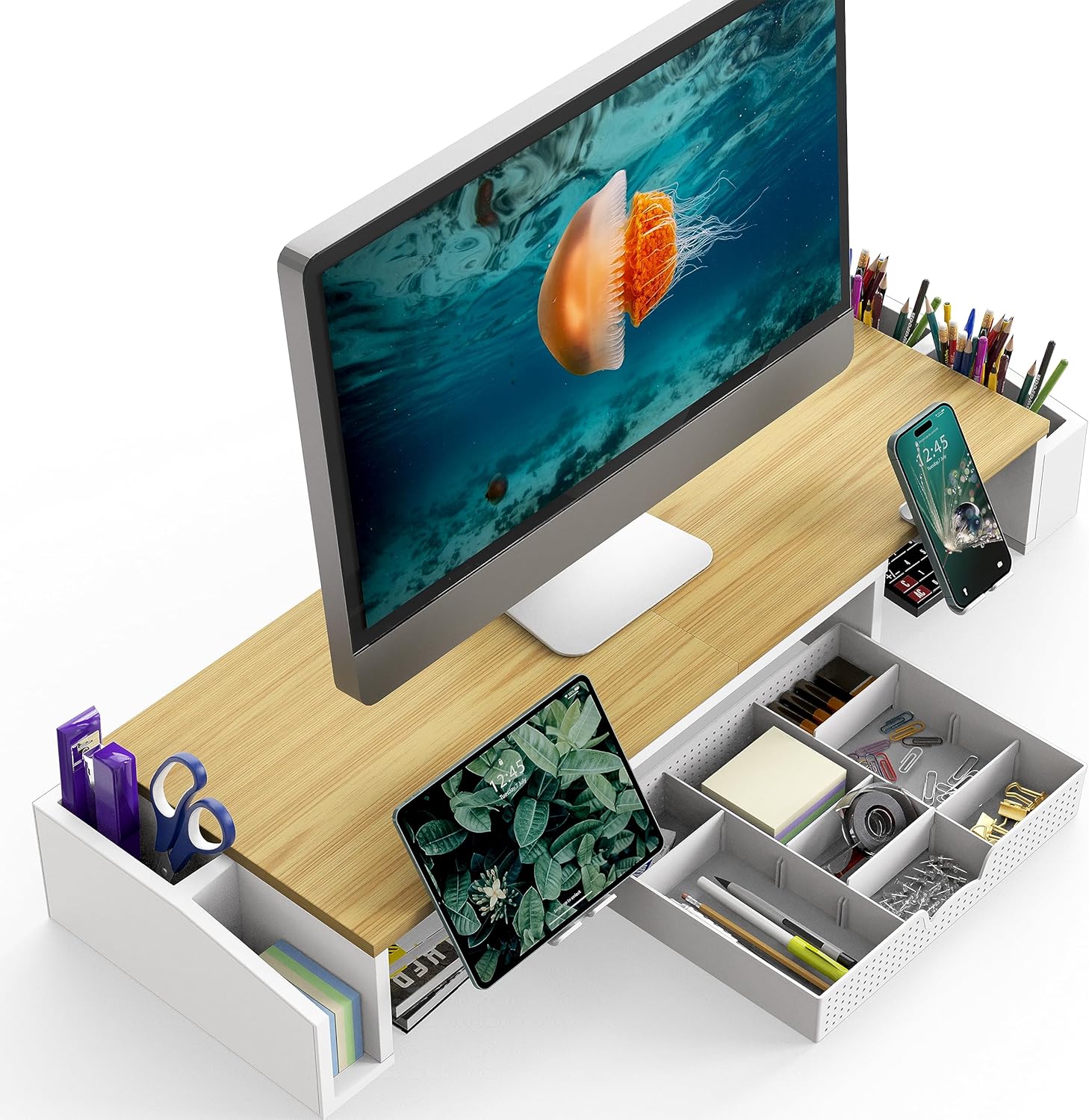 Simple Houseware Desk Dual Monitor Stand Riser with Drawer, Oak