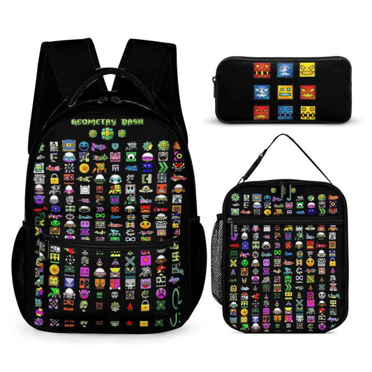 Geometry Dash Backpack Set - Durable School Backpack Set With Lunch Bag & Pencil Case Combo ONE SIZE Black1 Backpack