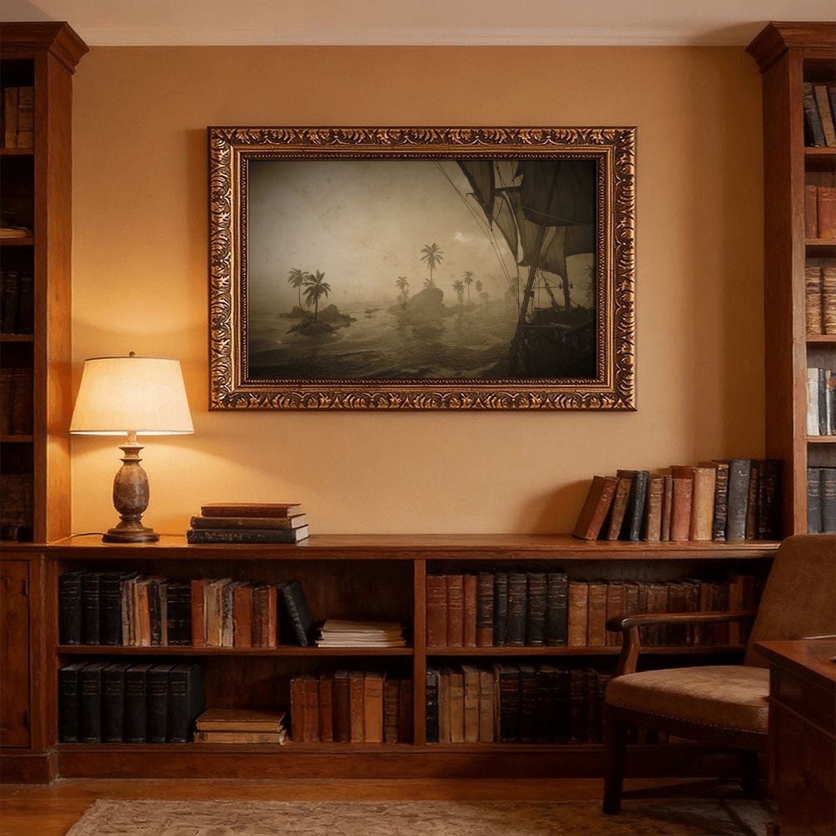 A framed vintage-style nautical painting hangs on a warm beige wall above a wooden bookcase filled with books, with a lit table lamp on the left and a chair on the right.