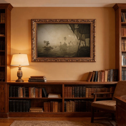A framed vintage-style nautical painting hangs on a warm beige wall above a wooden bookcase filled with books, with a lit table lamp on the left and a chair on the right.