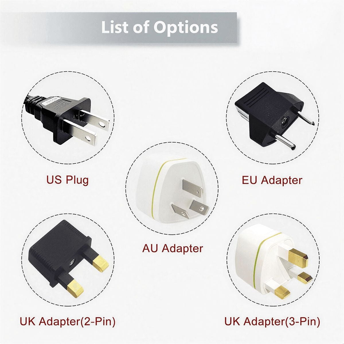 A product options chart titled 'List of Options' showing five adapter/plug types: US Plug, EU Adapter, AU Adapter, UK Adapter(2-Pin), and UK Adapter(3-Pin), each illustrated inside a circular frame on a light gray background.