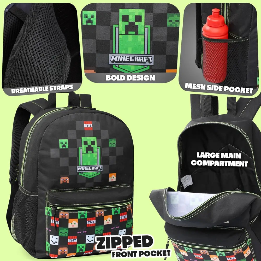 Minecraft Backpack for Boys Kids Teens Adjustable Straps Front Pocket Daypack Backpacks for Sports Gym School Gamer Gifts (Black)