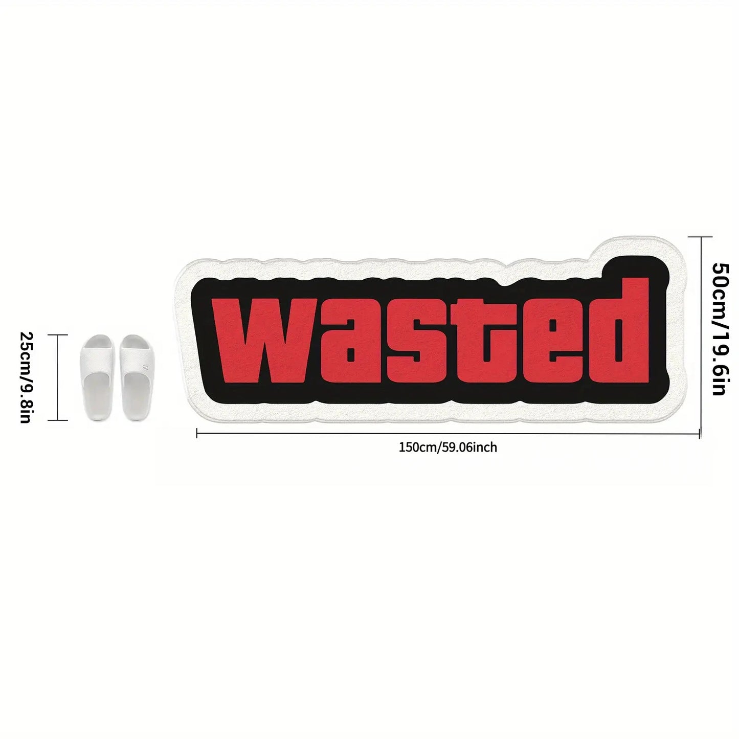 A red and black 'Wasted' text rug or patch shown on a white background with dimension labels indicating 150mm by 50mm and small white shoe illustrations at left.