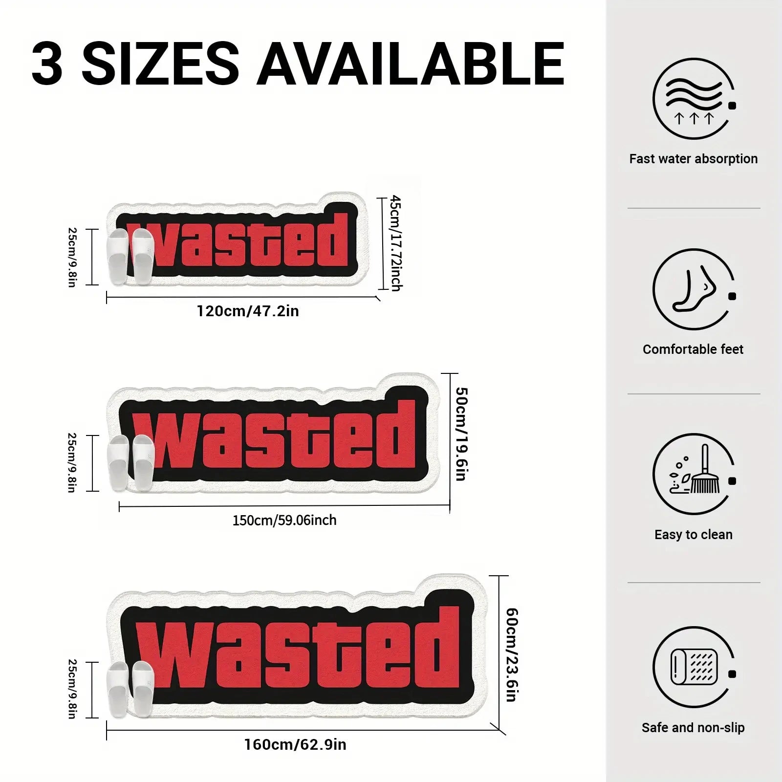 Product dimensions chart with 'Wasted' branding and feature icons on a white background.