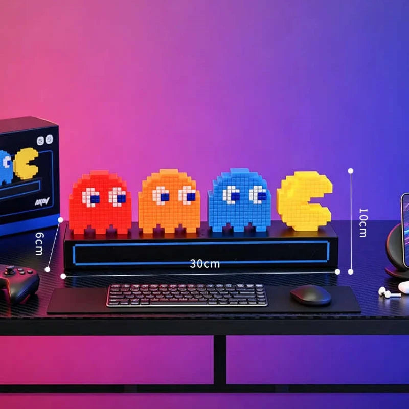 Four pixel-style characters on a desk with a colorful gradient background
