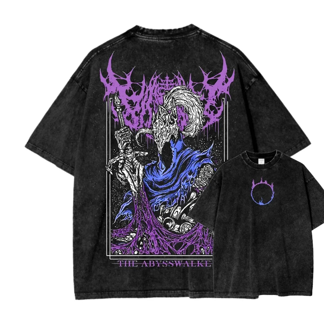 Black t-shirt with a fantasy-themed design on the front and back, featuring purple and blue colors.