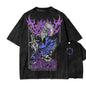 Black t-shirt with a fantasy-themed design on the front and back, featuring purple and blue colors.