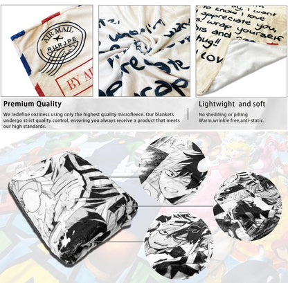 Blanket with anime character design, packaging, and text about blanket features.