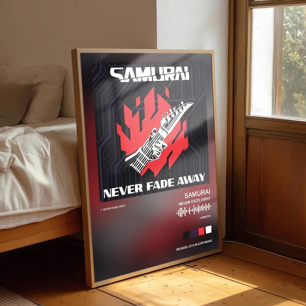 A framed poster leaning against a bed in a bedroom. The poster features a black and red design with a stylized katana graphic and the text 'SAMURAI' and 'NEVER FADE AWAY'.