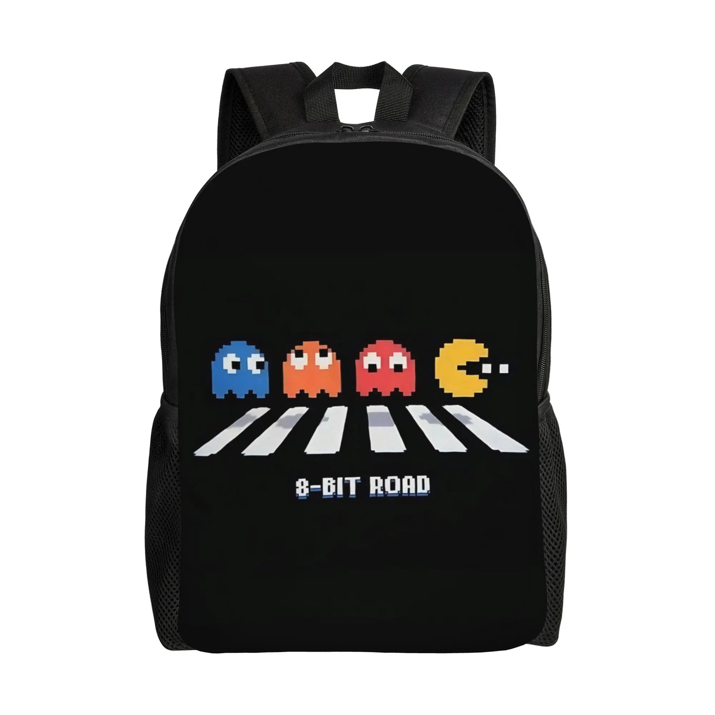 Black backpack with colorful characters and '8-Bit Road' text on a white background