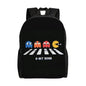 Black backpack with colorful characters and '8-Bit Road' text on a white background