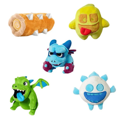 Set of colorful plush toys on a white background