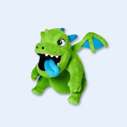Green plush dragon toy with blue accents on a light gray background