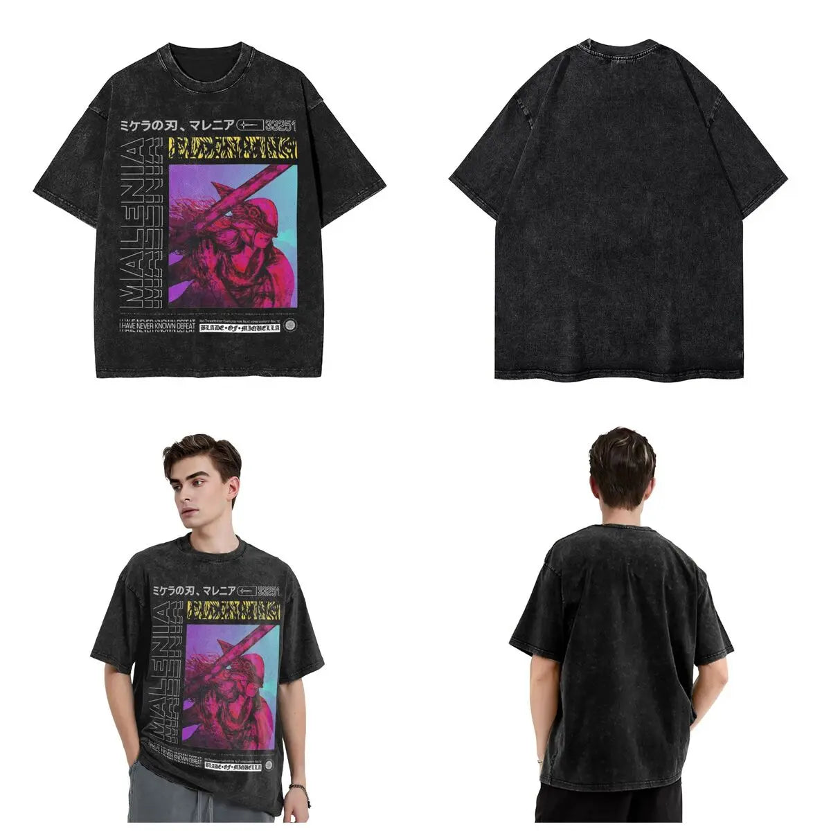 Black t-shirt with graphic design on front and back, worn by a person.