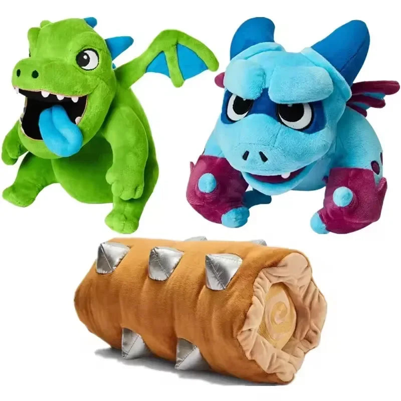 Two plush dragons, one green and one blue, with a brown log toy featuring spikes on a white background.