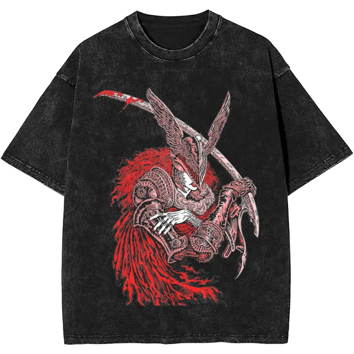 Black t-shirt with a red and white graphic design on a white background