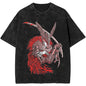Black t-shirt with a red and white graphic design on a white background