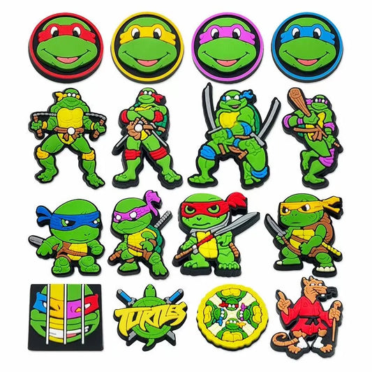 Collection of Teenage Mutant Ninja Turtles-themed magnets on a white background