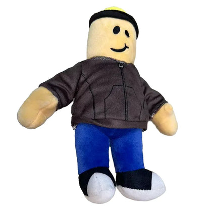 Plush toy figure wearing a brown jacket and blue pants on a white background