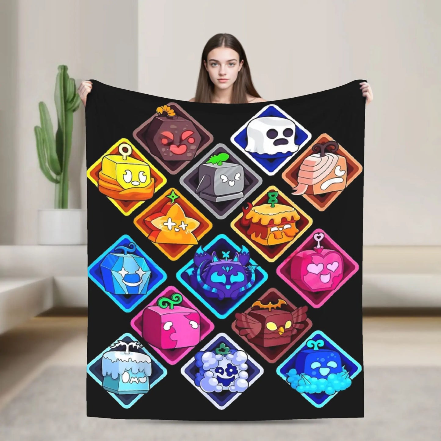 Person holding a colorful blanket with cartoon character icons