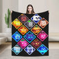 Person holding a colorful blanket with cartoon character icons