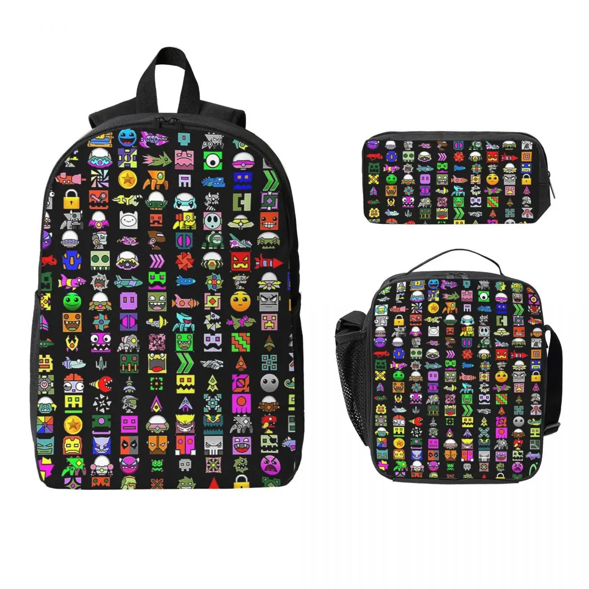 A black backpack shown with two smaller matching accessories, a zip pouch and a lunch bag, all covered in a dense multicolor cartoon emoji and sticker pattern on a plain white background.
