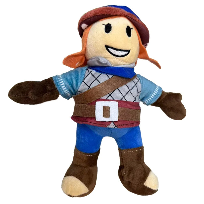 Plush toy resembling a character with a blue outfit and brown hat on a white background