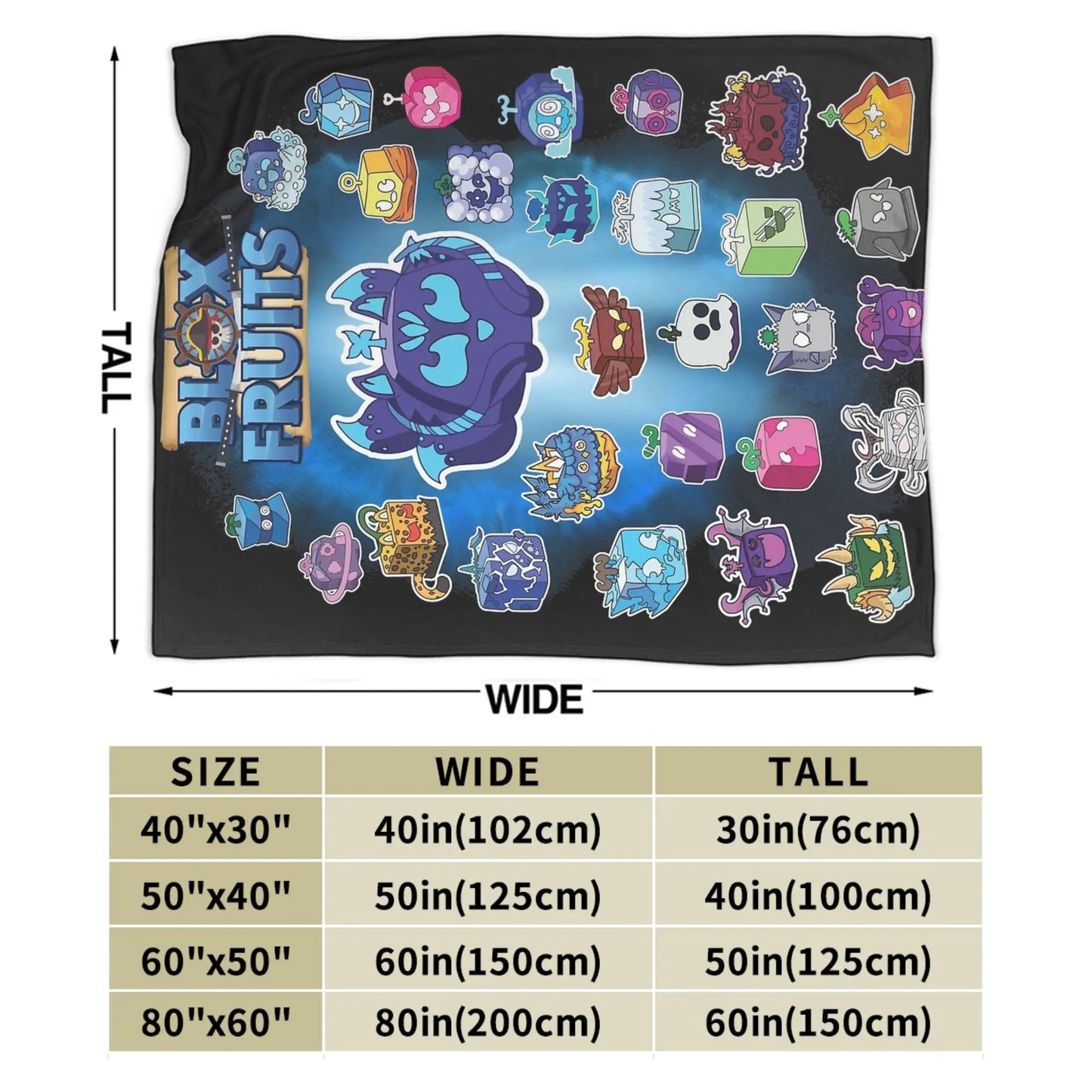 Fleece blanket with colorful cartoon characters and size chart on a white background