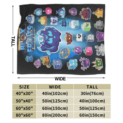 Fleece blanket with colorful cartoon characters and size chart on a white background