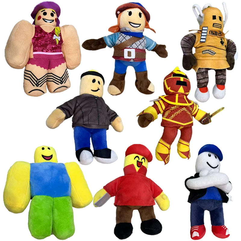 Set of colorful plush toys in various costumes on a white background