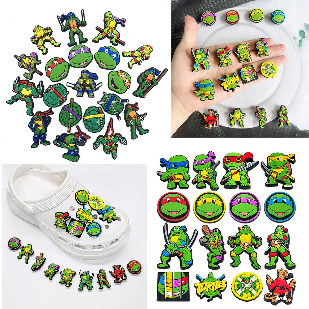 Collection of colorful turtle-themed pins on a white background