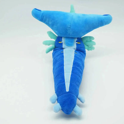 Blue plush toy with a white stripe on a white background