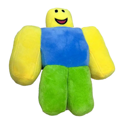 Colorful plush toy with a smiling face on a white background